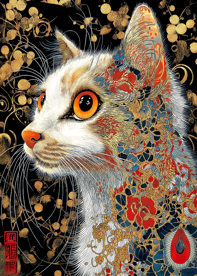 Ornate Cat Portrait with Floral Details