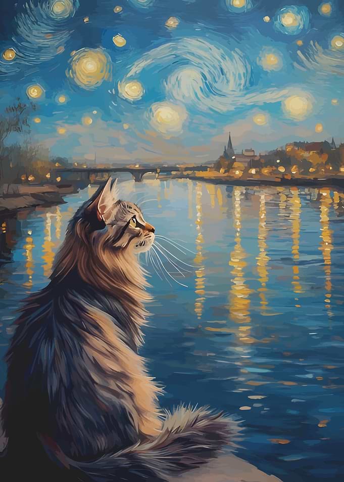 Cat gazing at Starry Night river