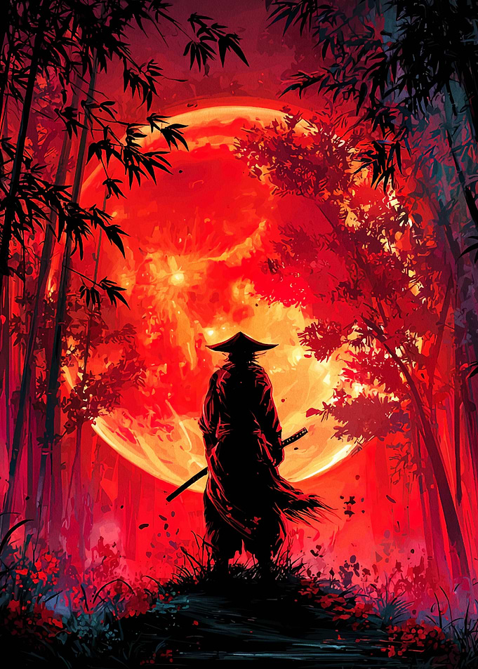 Samurai in Red Forest with Moon