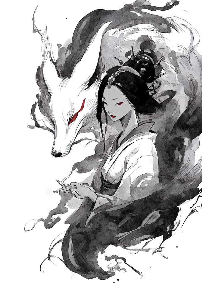 Woman with Fox Spirit Ink Painting