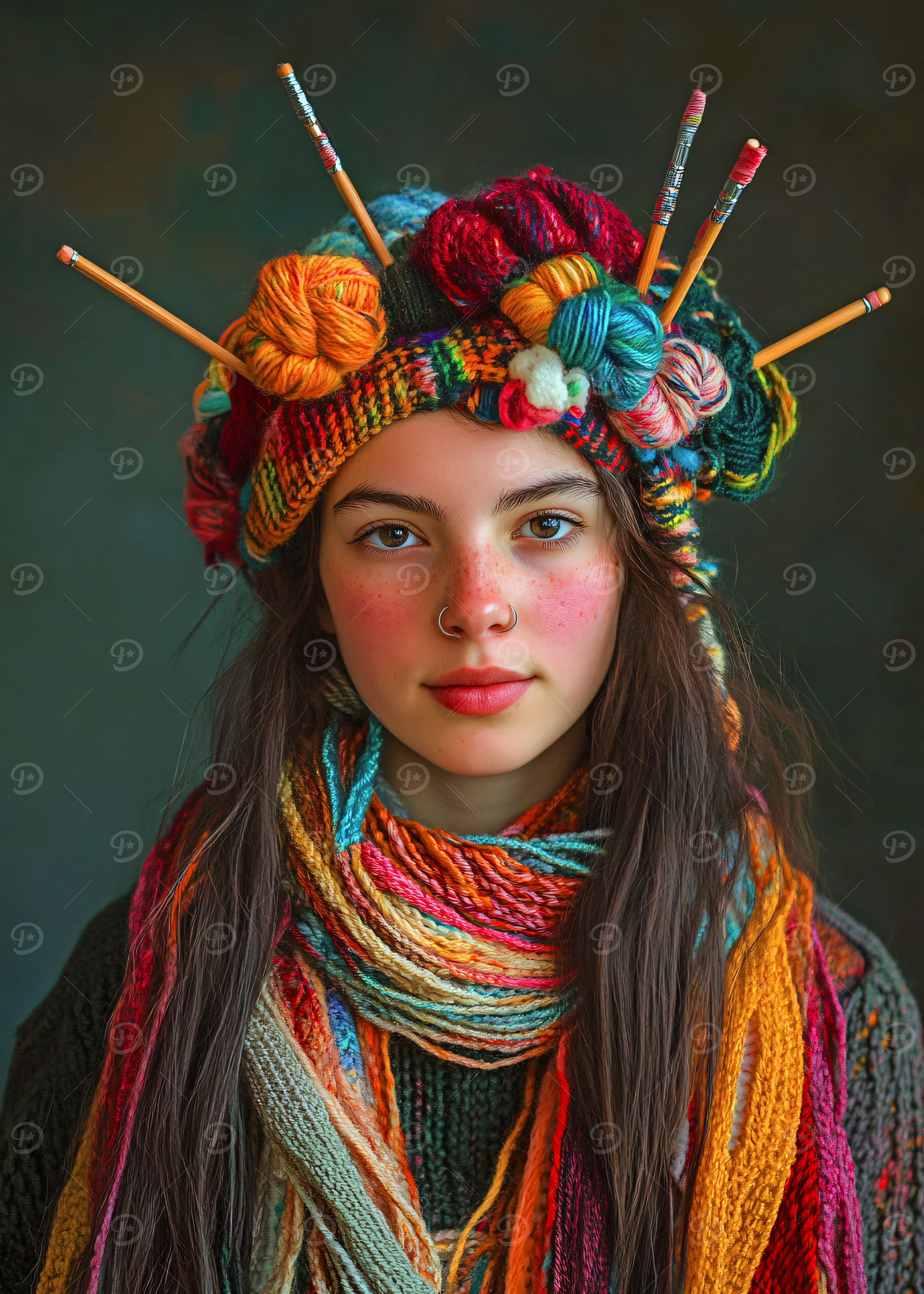 Girl with Colorful Knitted Hat and Scarf