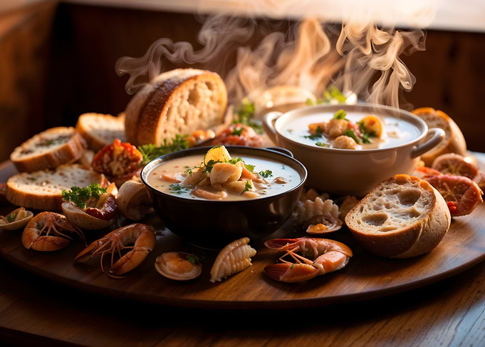 Seafood Chowder with Bread and Shrimp