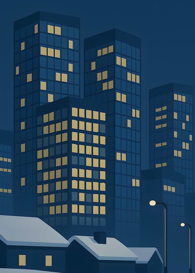 Night Cityscape with Snow-Covered Houses