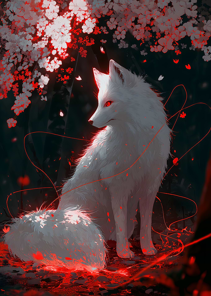 White Fox in Blossom Forest
