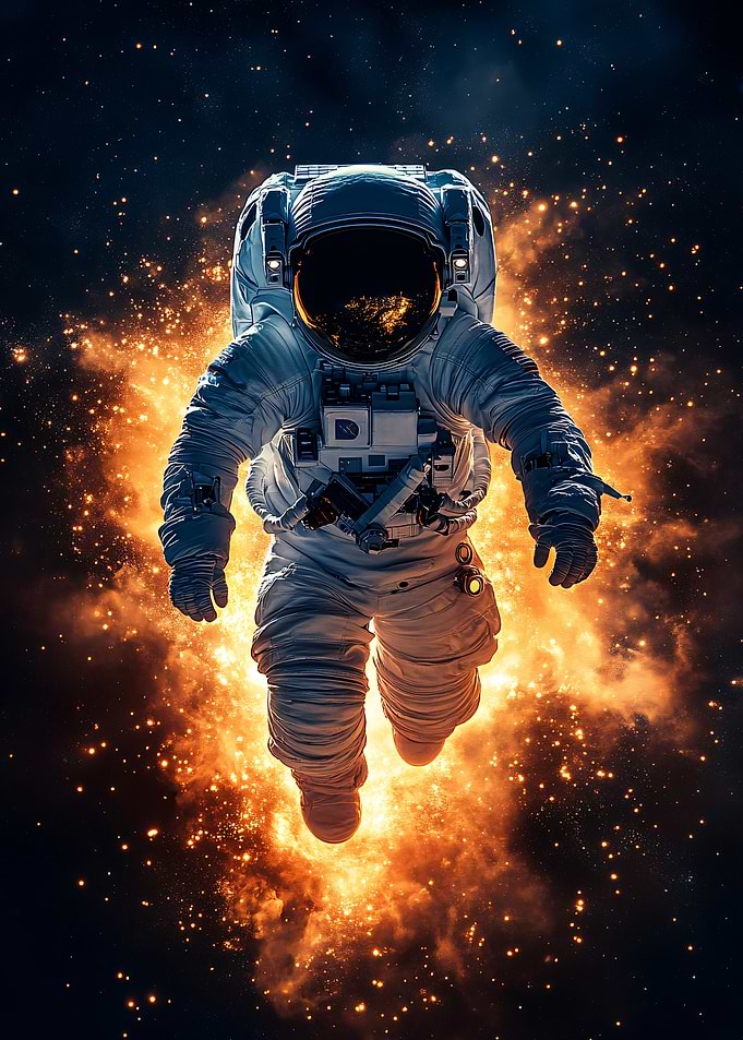 Astronaut in Space with Fiery Background