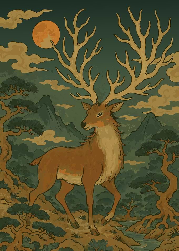 Deer in Mountain Landscape with Moon