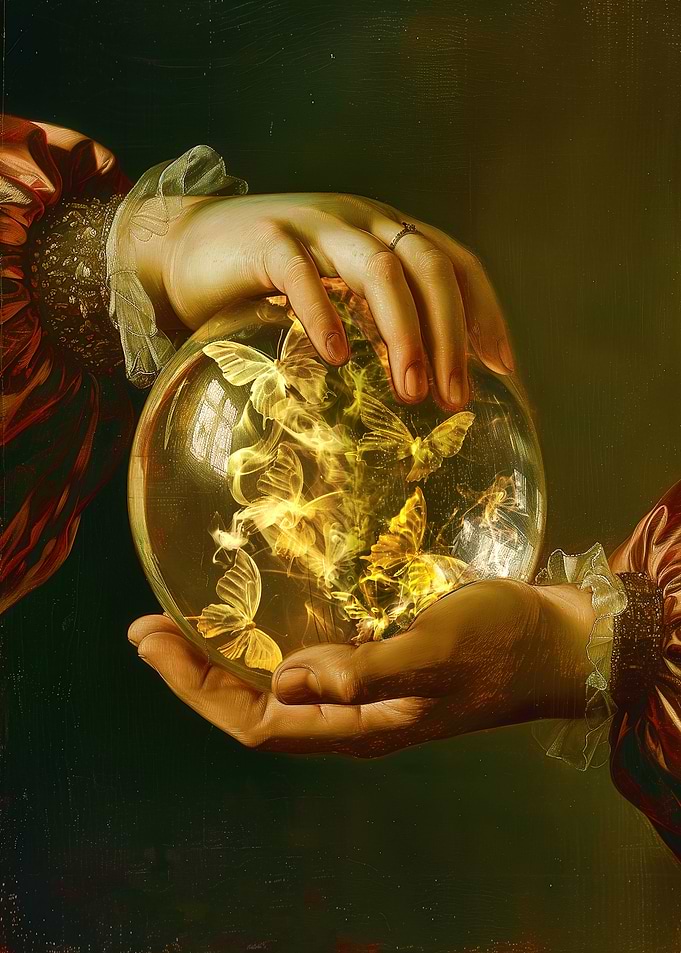 Hands Holding Orb with Butterflies