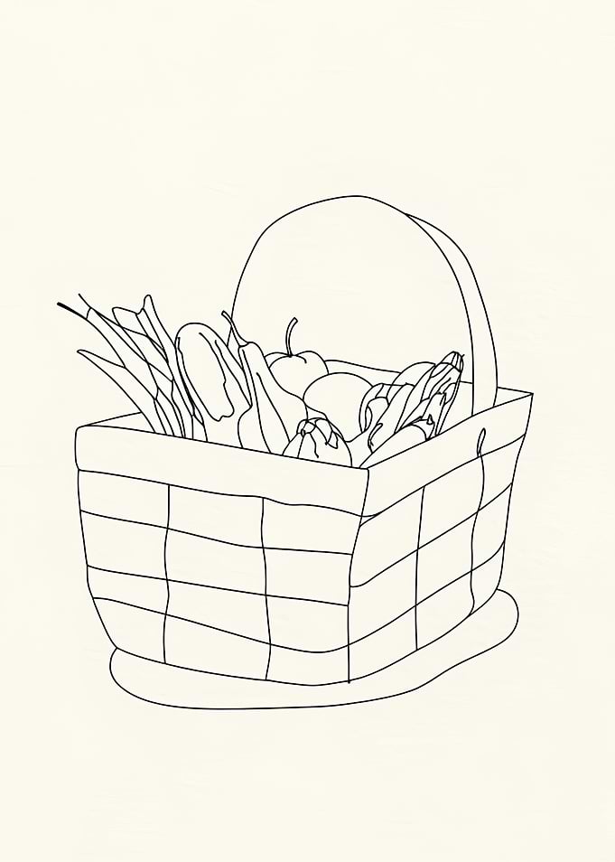 Fruit and Vegetable Basket Minimalist Line Art