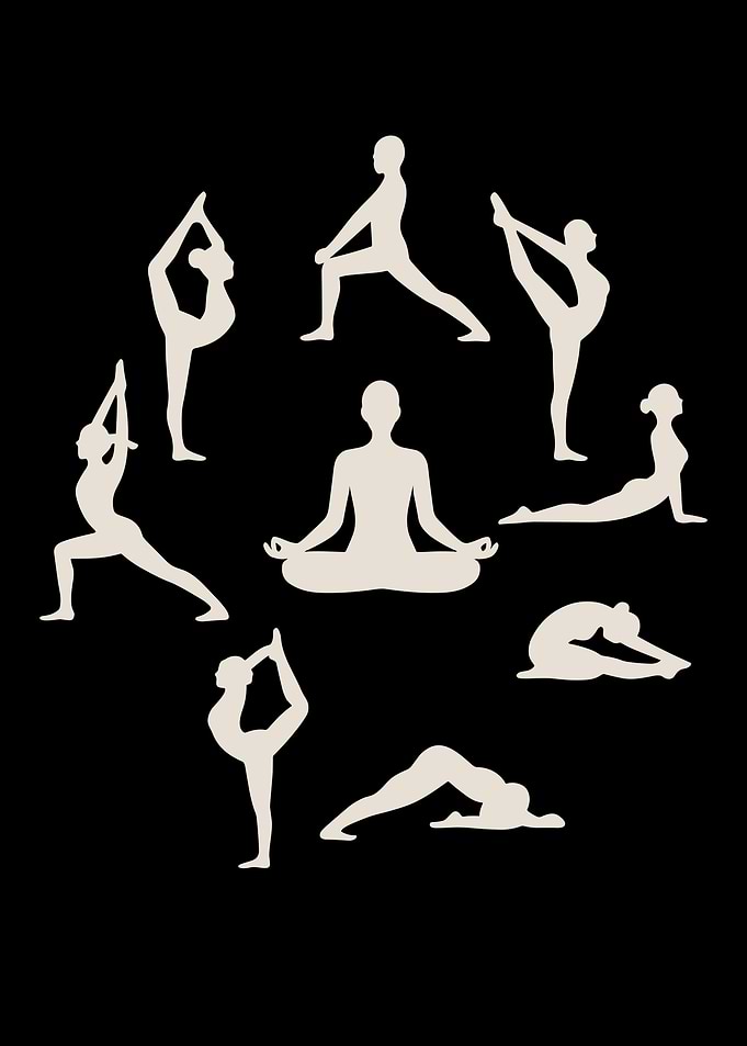 Yoga Poses Silhouettes on Black Background