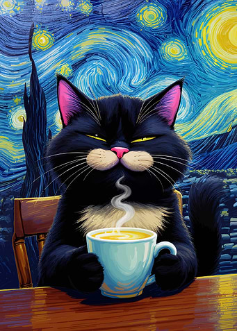 Cat Coffee Starry Night