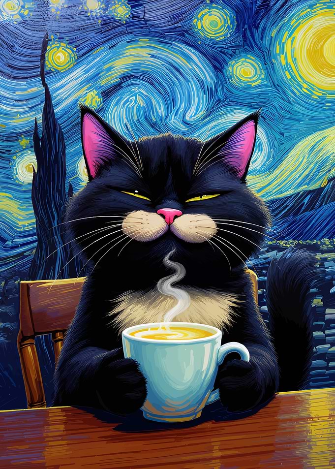 Cat Coffee Starry Night