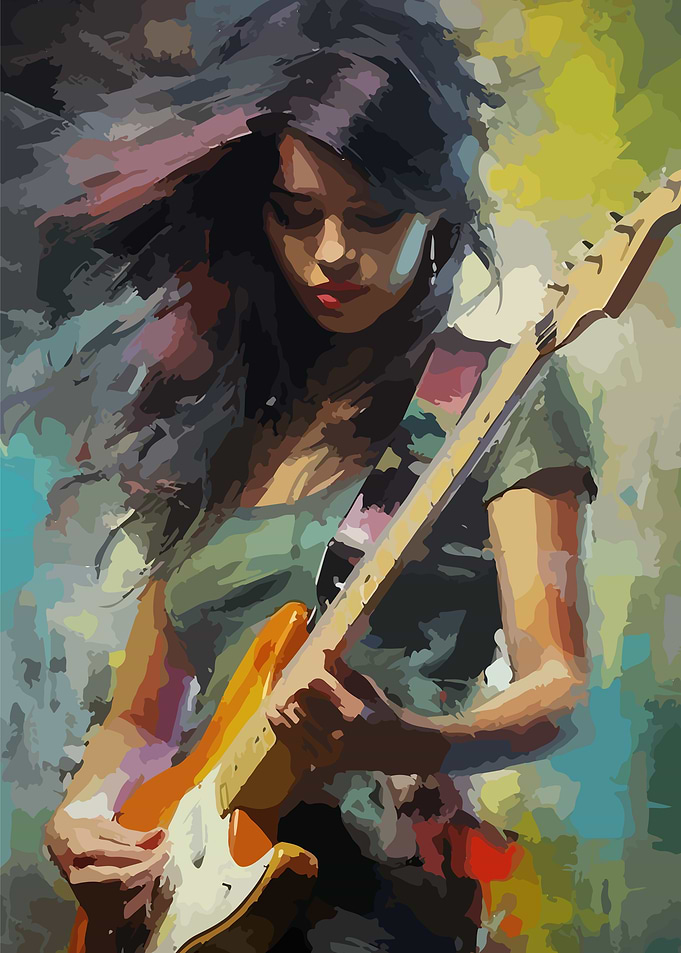 Woman playing electric guitar art