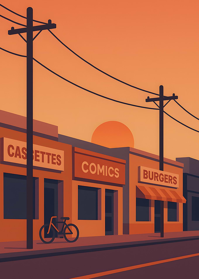 Sunset Street with Shops and Bike