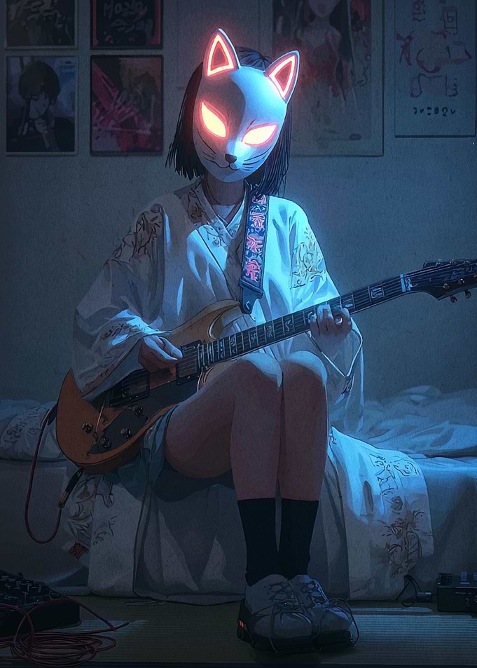 Neon Masked Guitarist in Blue Room