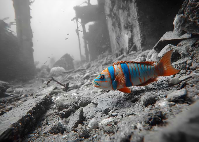 Striking Fish in Monochrome Underwater Ruins