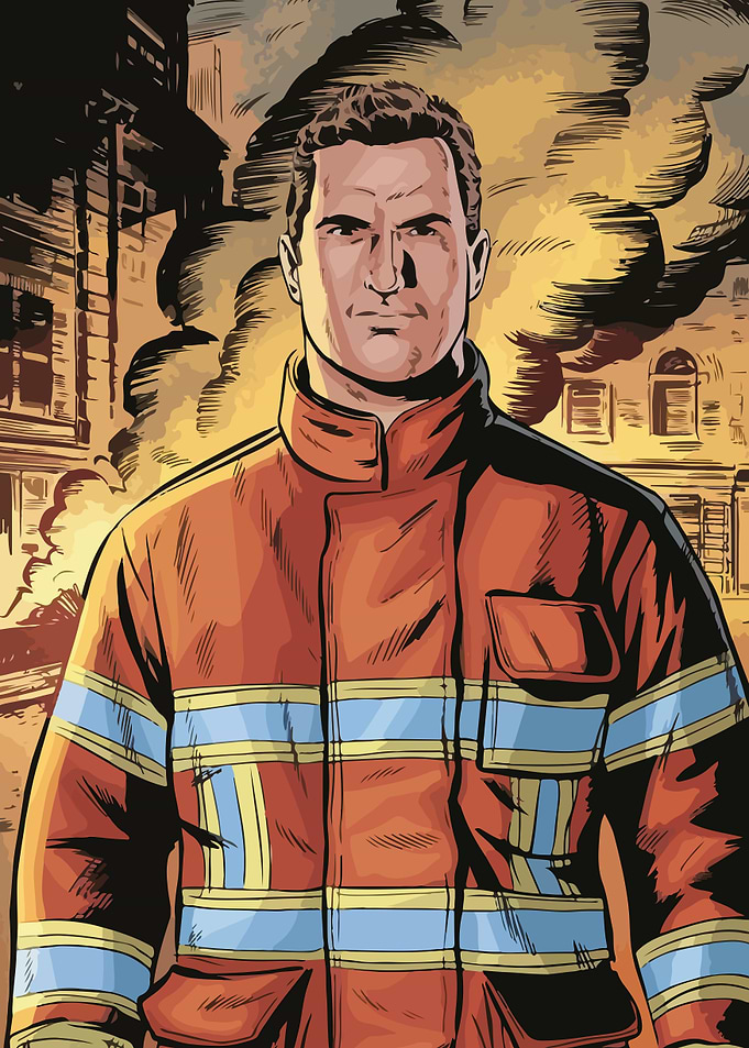Firefighter in front of burning building