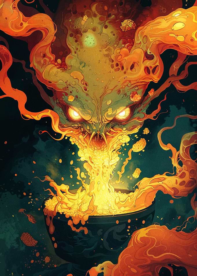 Fiery Monster Emerging from Cauldron