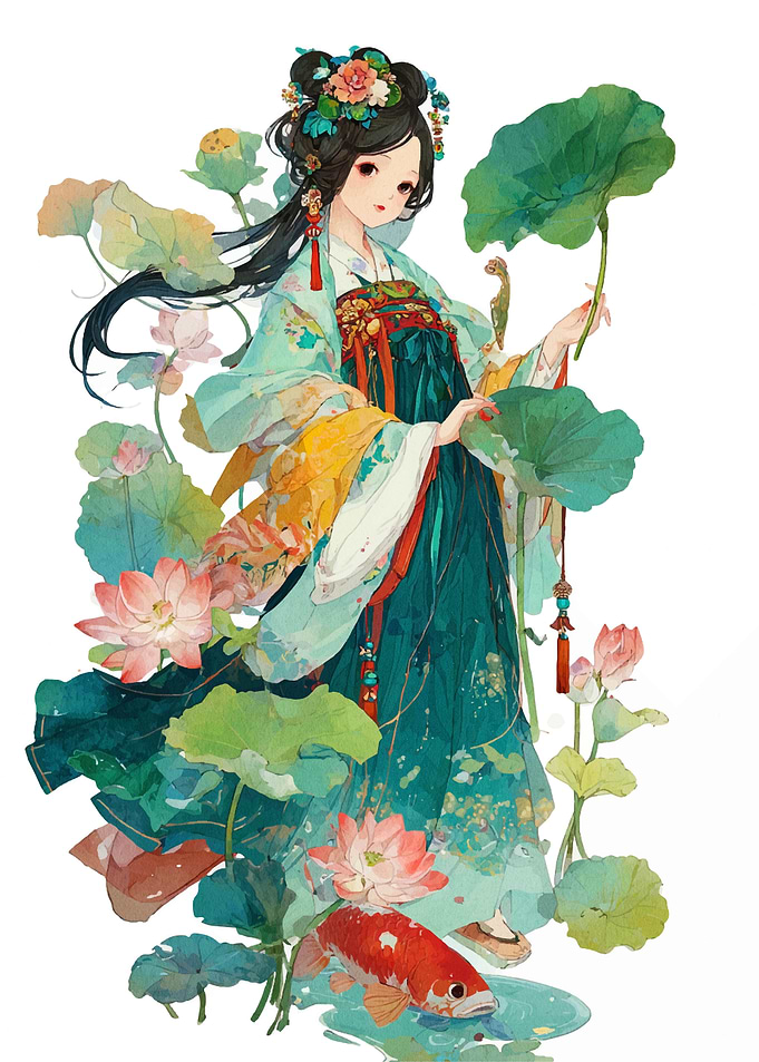 Chinese Girl with Lotus and Koi
