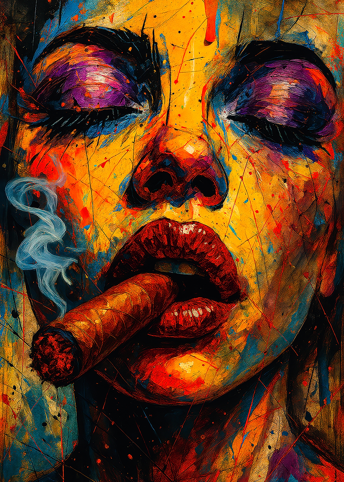 Colorful Woman Smoking Cigar Painting