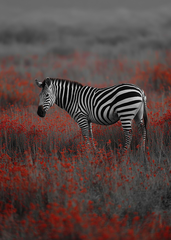 Zebra in Red Flower Field