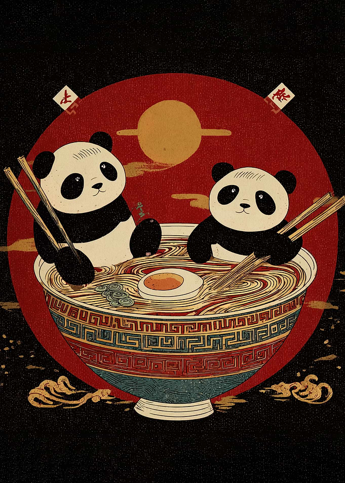 Pandas in Ramen Bowl Illustration