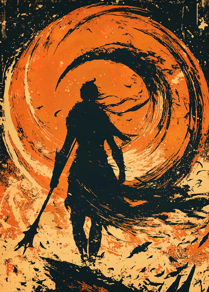 Silhouette Warrior with Spear and Swirl