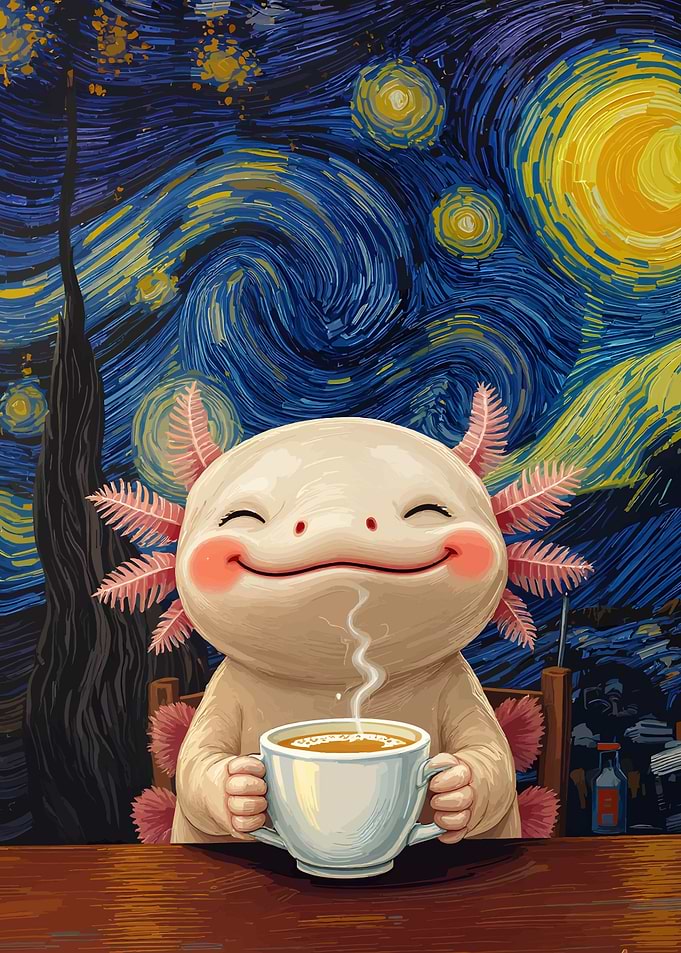 Axolotl enjoying coffee, Starry Night