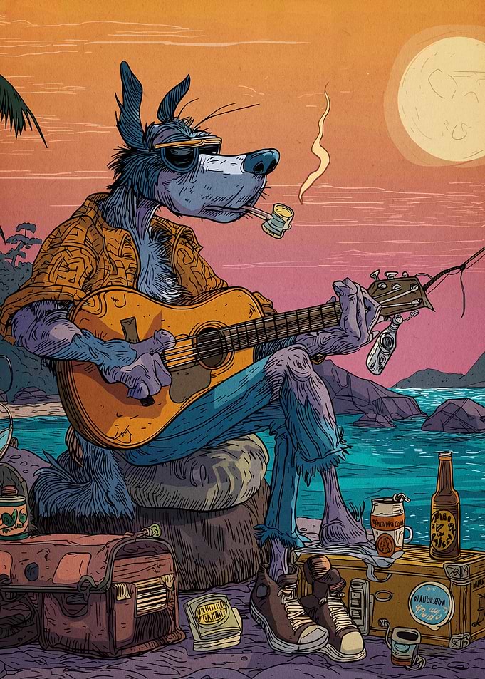 Anthropomorphic Wolf Playing Guitar on Beach