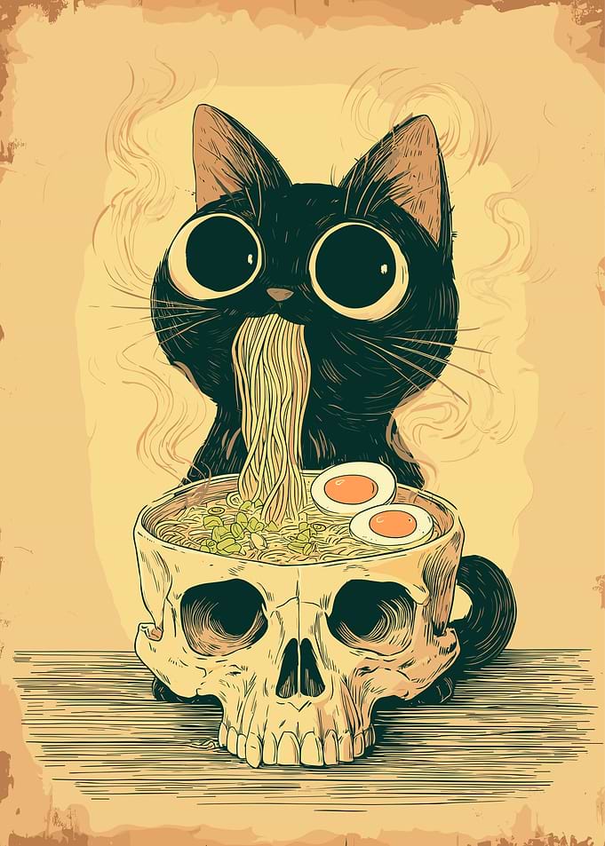 Cat Eating Ramen from Skull Bowl