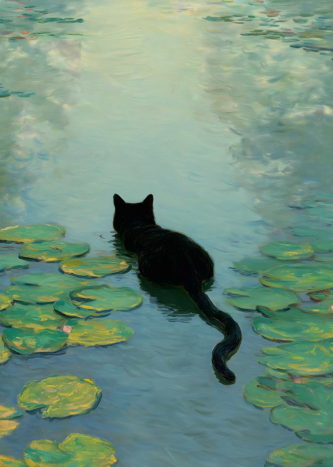 Black Cat in Water Lilies Pond