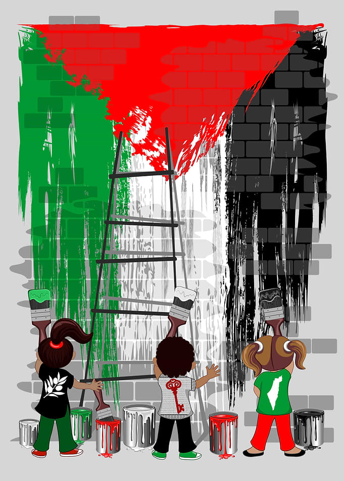 Children Painting Palestine Flag on Brick Wall
