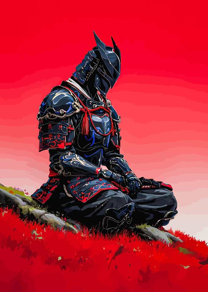 Meditative Samurai in Red Landscape