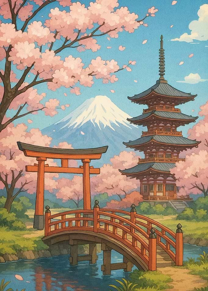 Japanese landscape cherry blossoms