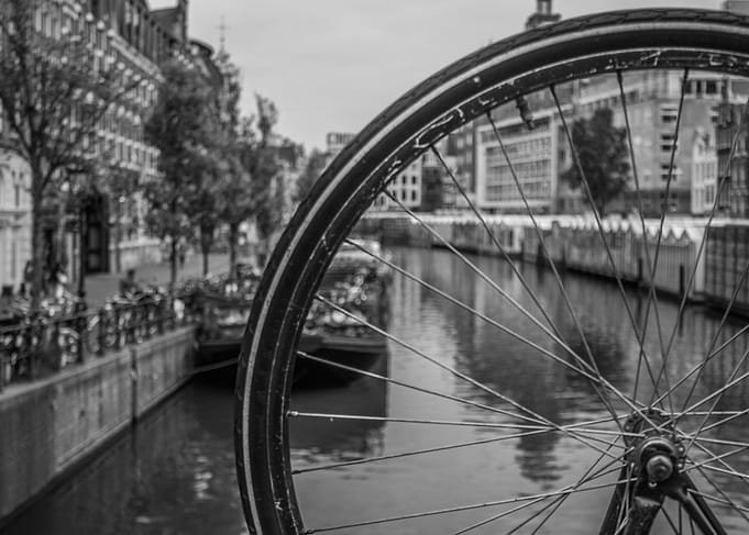 Amsterdam Canal Bicycle Wheel Black and White