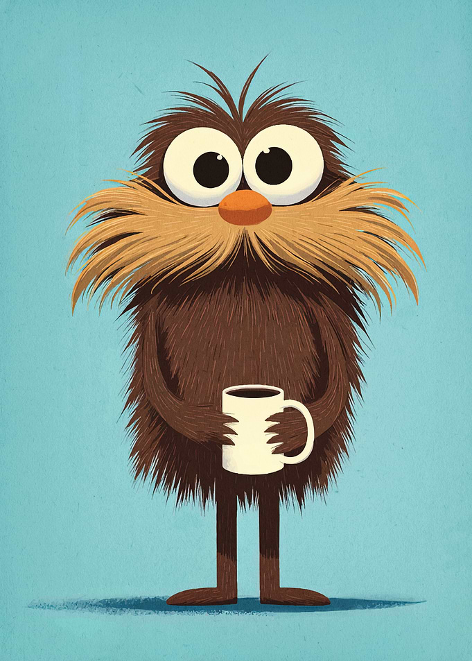 Furry Creature with Coffee Cup