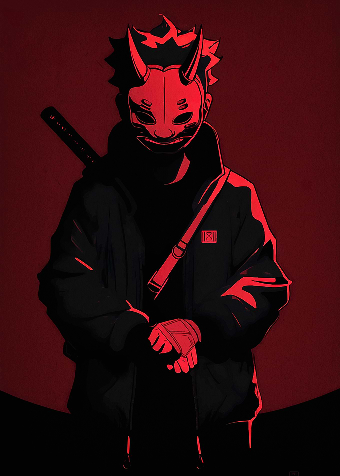 Red Oni Masked Figure with Sword