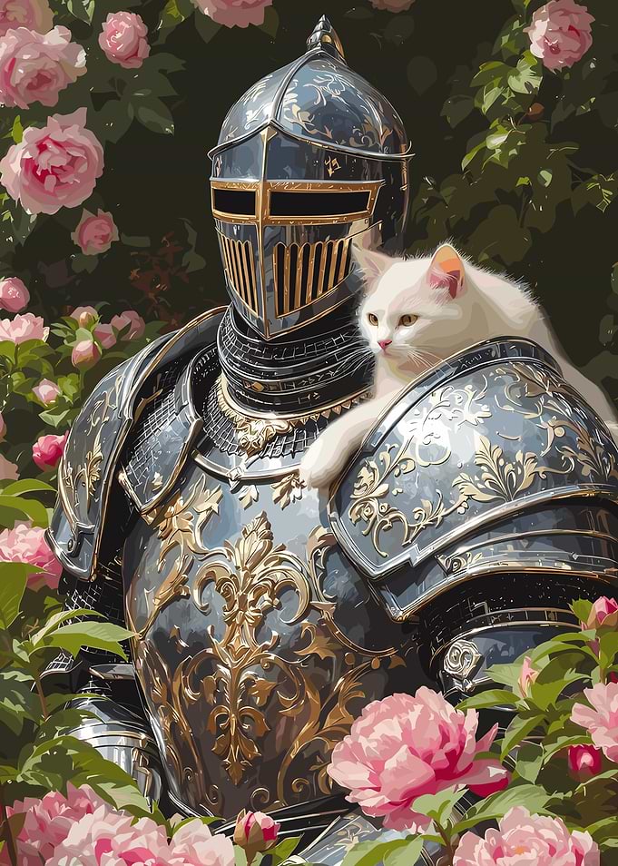 Knight with Cat in Rose Garden