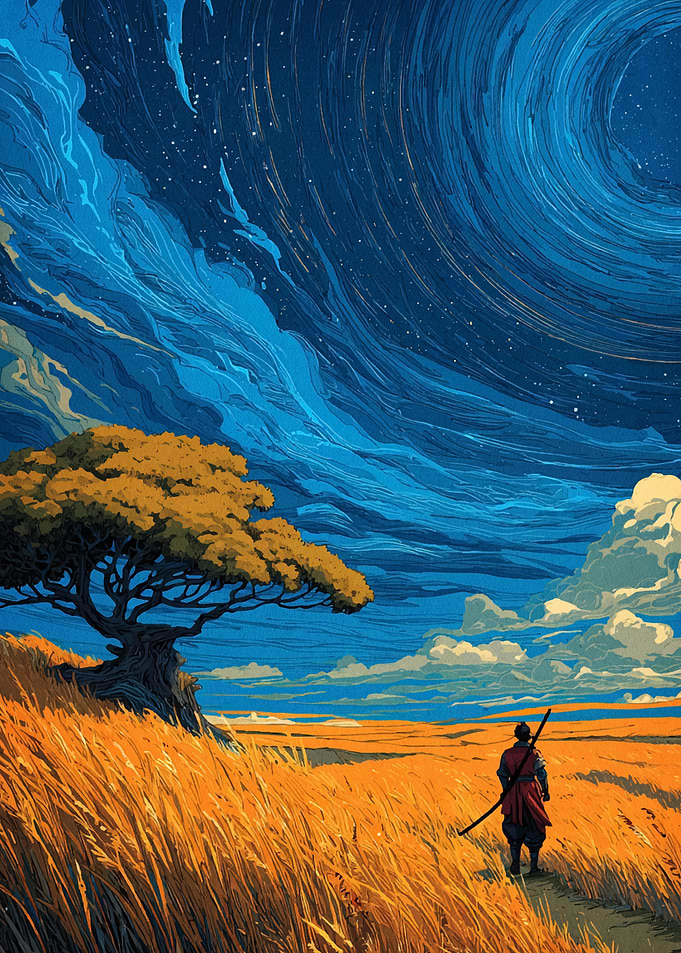 Samurai in Field Under Swirling Sky