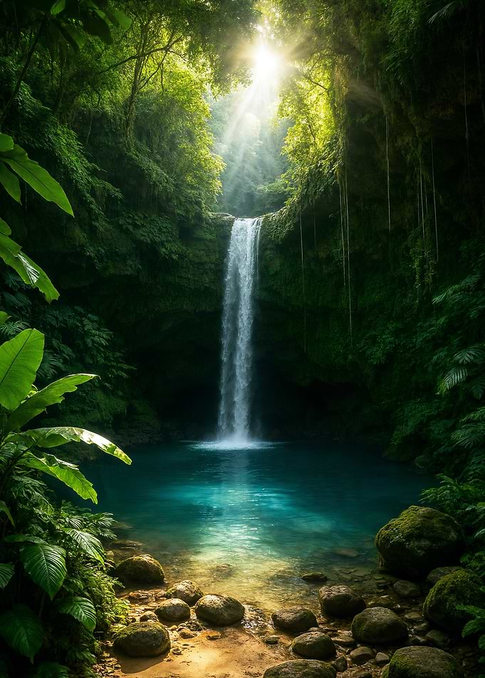 Tropical Waterfall with Turquoise Pool