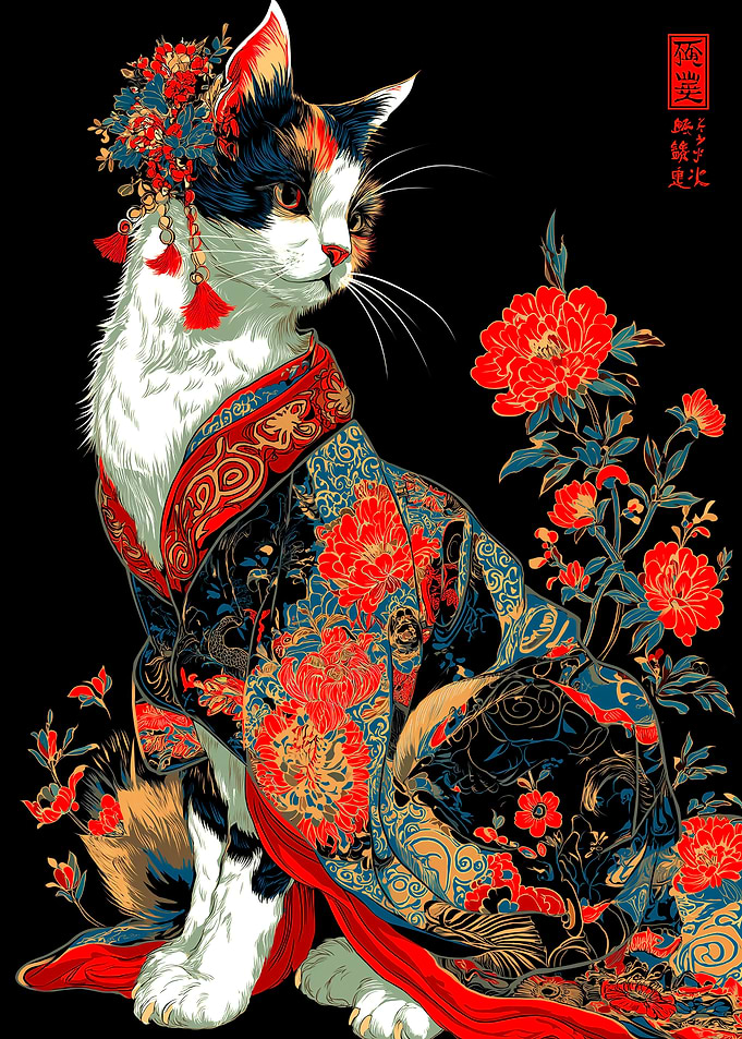Cat in Kimono with Floral Adornments