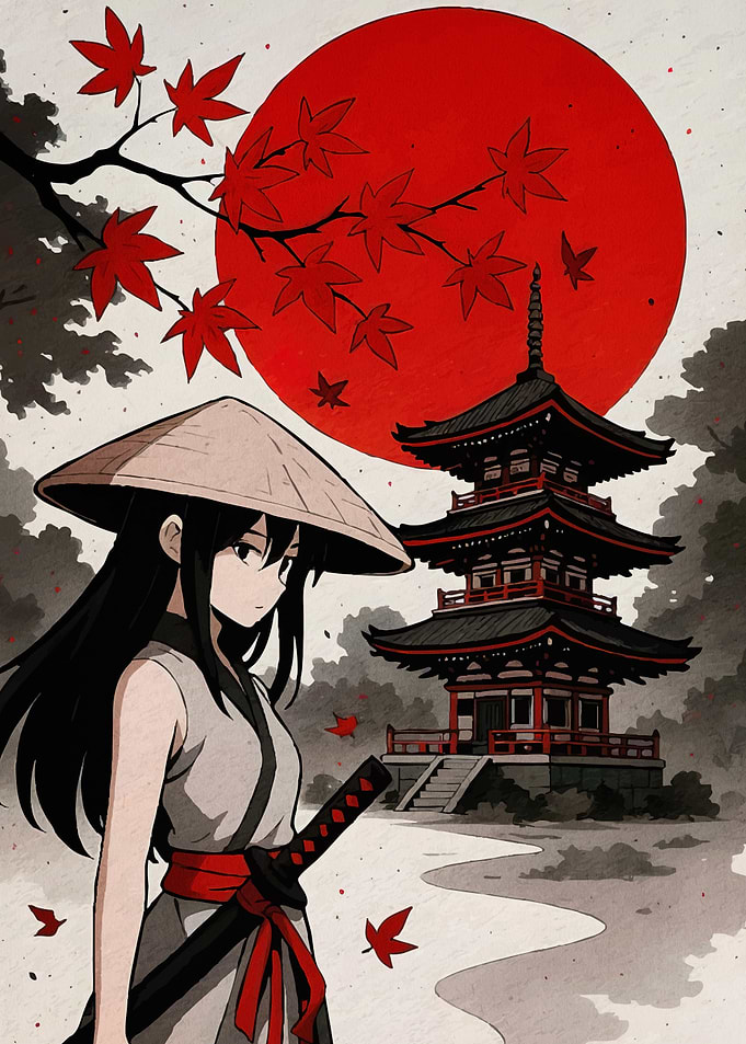 Anime Girl Katana Pagoda