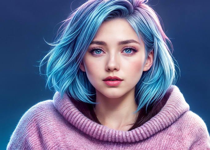 girl with blue hair and sweater
