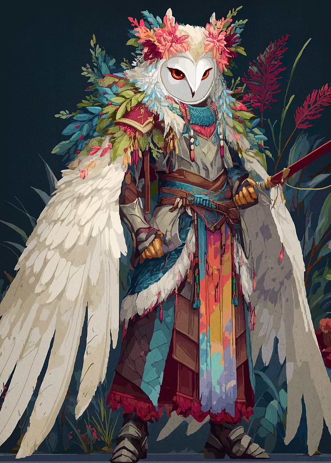 Anthropomorphic Owl Warrior with Floral Adornments