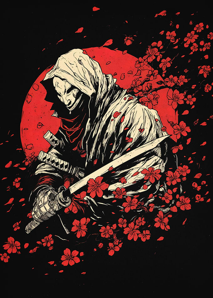 Hooded Samurai with Sword and Cherry Blossoms