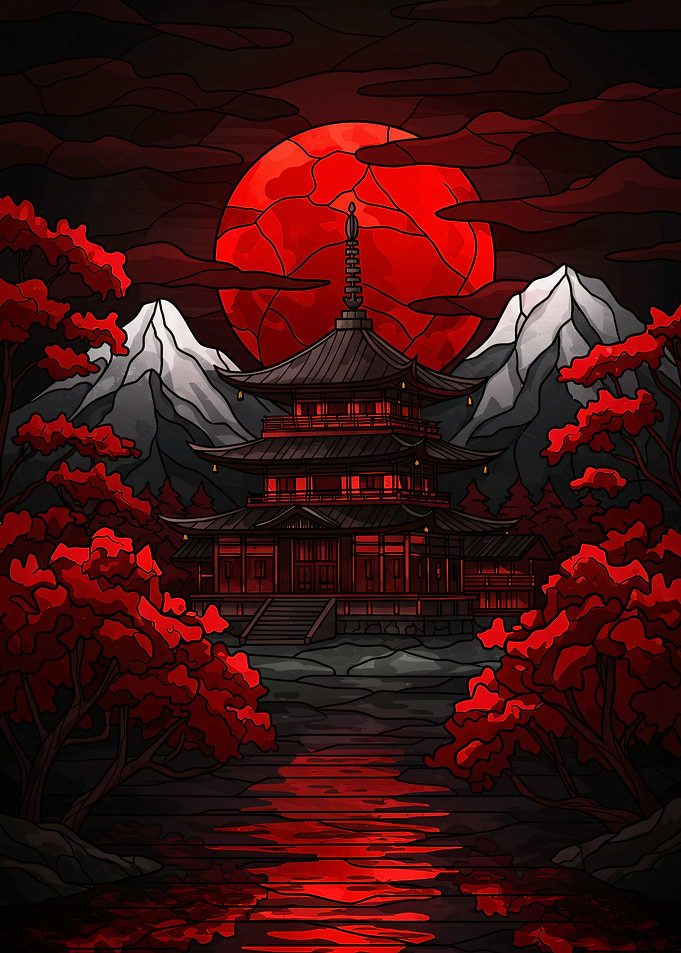 Japanese Pagoda with Red Moon