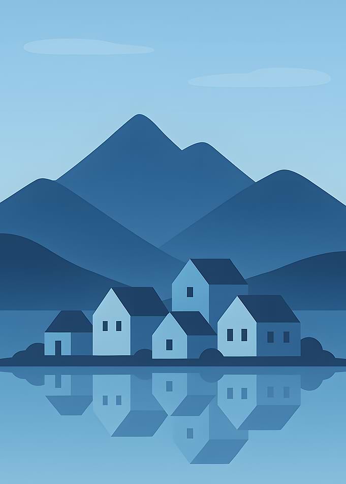 Blue Minimalist Village Reflection