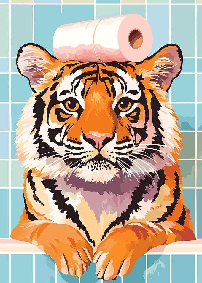 Tiger with Toilet Paper on Head