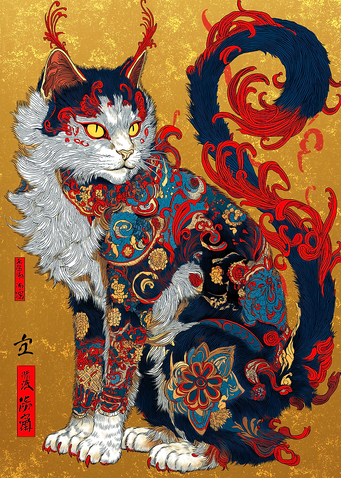 Ornate Japanese Cat Illustration