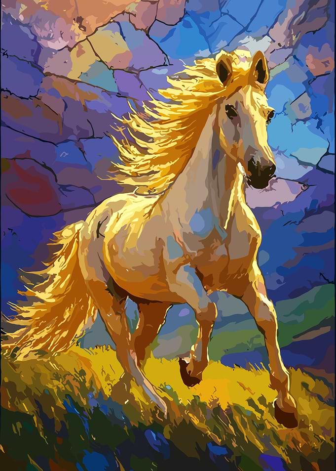 Golden Horse Galloping in Abstract Landscape