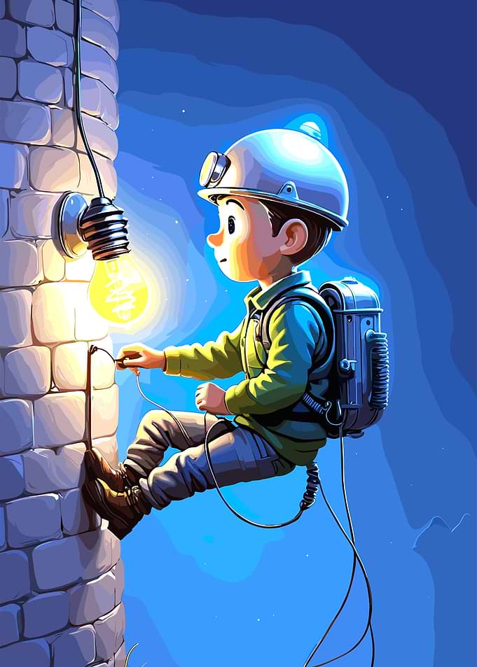 Cartoon Boy Climbing with Lightbulb